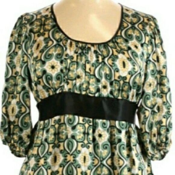 Studio M Silk Blouse Scoop Neck Puff Sleeve Tie Waist Regal Scroll Ikat Green - Picture 5 of 10